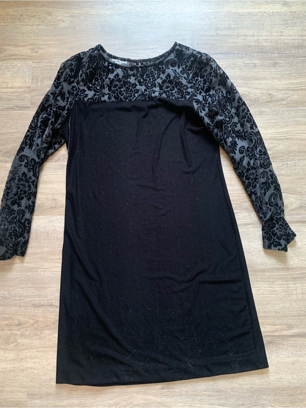 Vintage Saint Tropez West Black Velvet-Pattern Long Sleeve Dress 90s Goth Sz 8